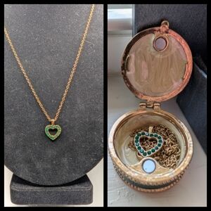 Green Crystal In 10k GP Heart shaped Pendant Necklace with Enamel Gift Box